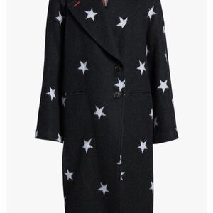 Avec Les Filles Black Coat with White Star Pattern and Red Detail